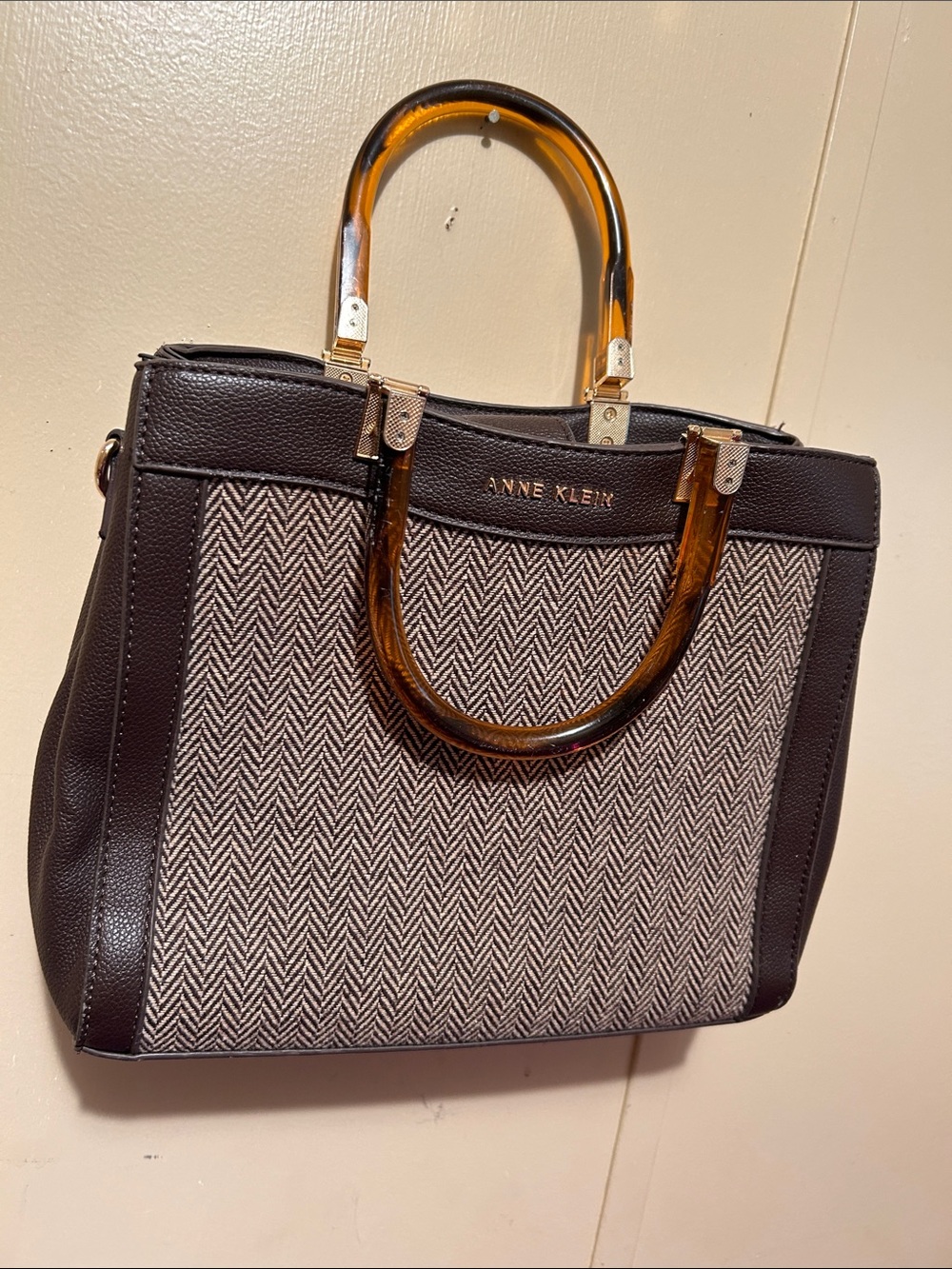 Anne Klein Brown and Cream Herringbone Satchel with Tortoiseshell Handles